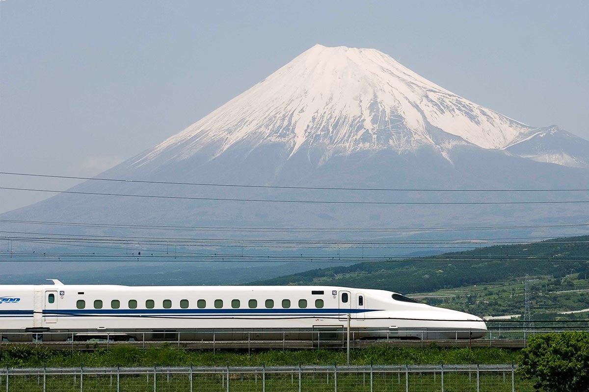 High speed rail in Japan with Mt. Fuji in the background