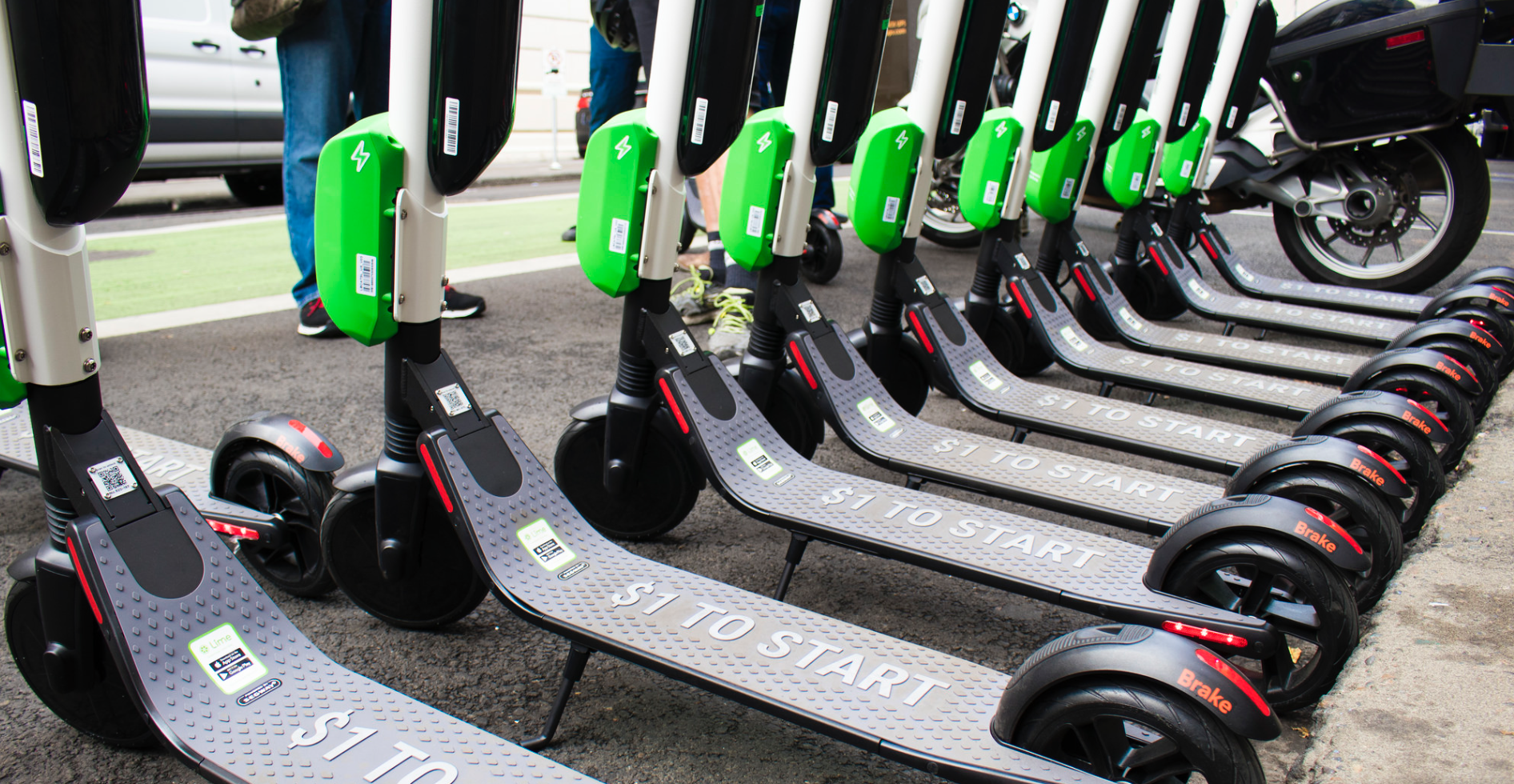 Row of dockless scooters