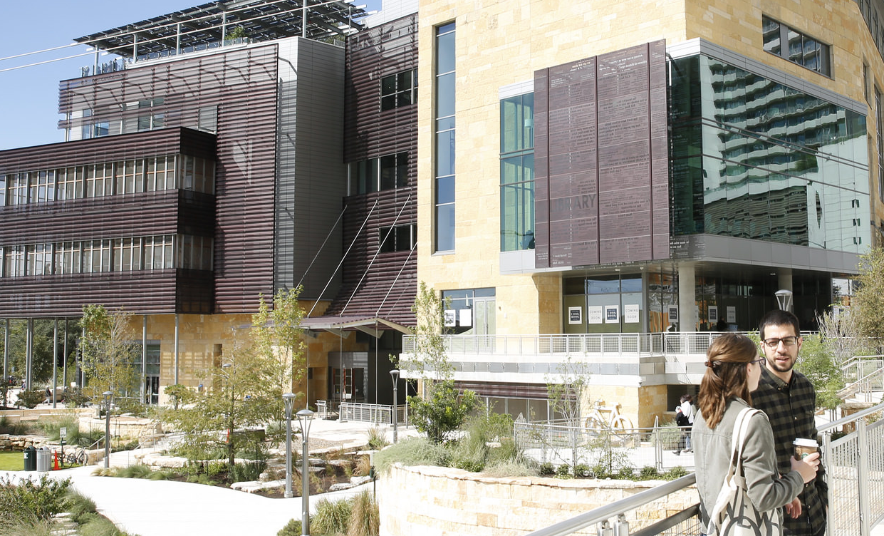 Exterior of Austin Central Library with people
