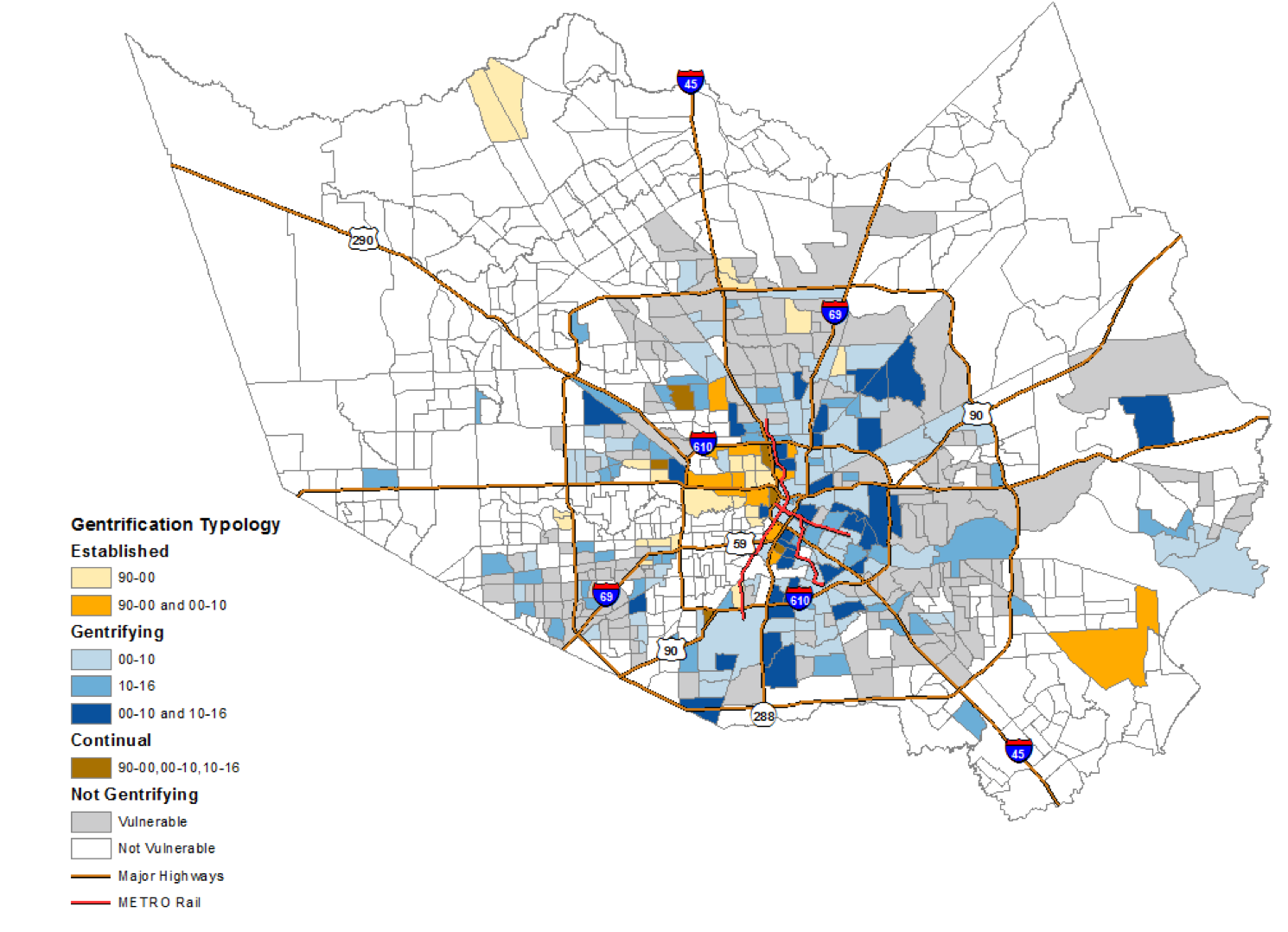 Map of gentrification typology across Harris County