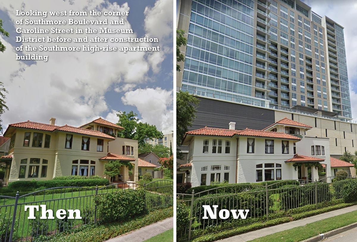 Past and present photos of high-rise apartment building on Southmore Boulevard in Houston