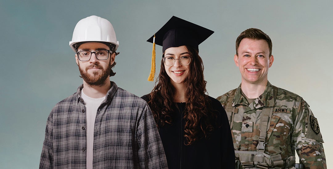 a construction worker, college graduate, and military officer