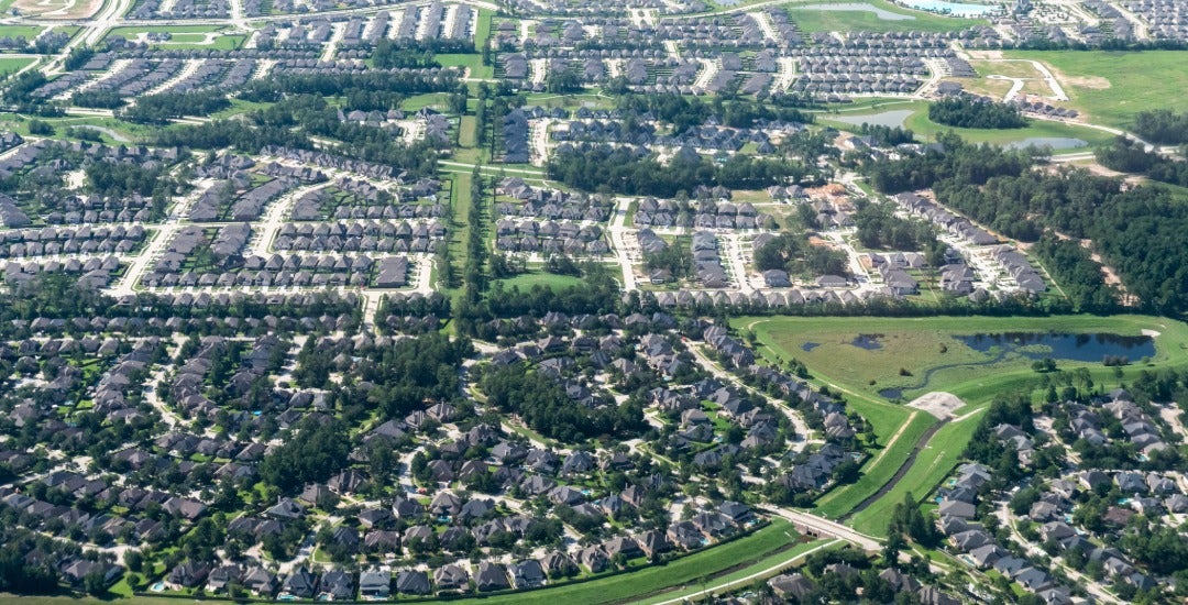 An aerial view of a residential development in Houston.