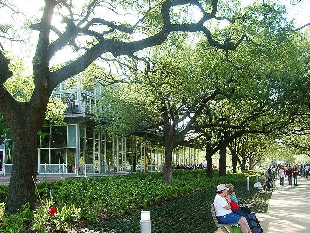 Image of people sitting on a bench at Discovery Green in Houston, Texas