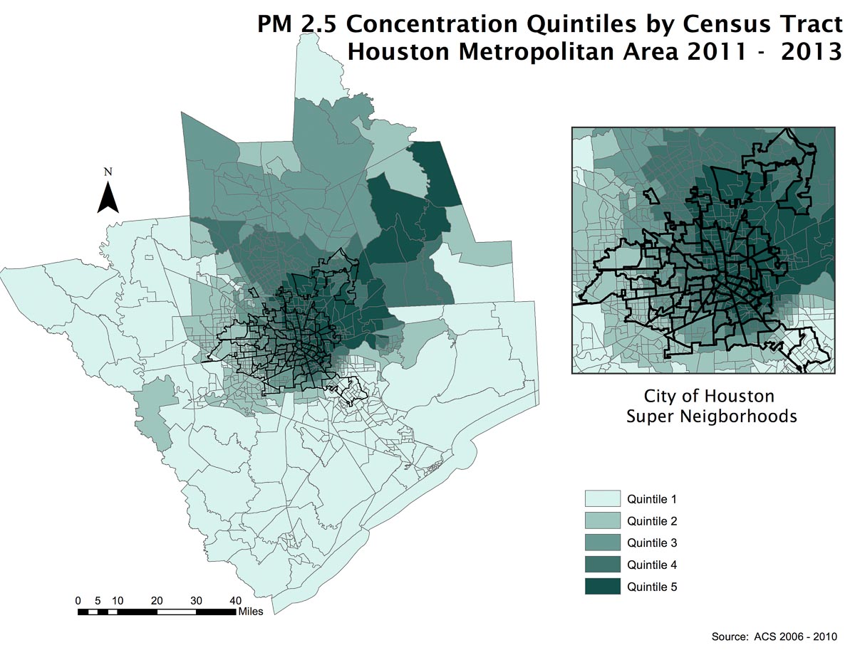 This map shows the concentration of particulate matter found in the air across the region