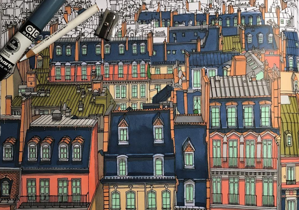 Row houses colored in a coloring book