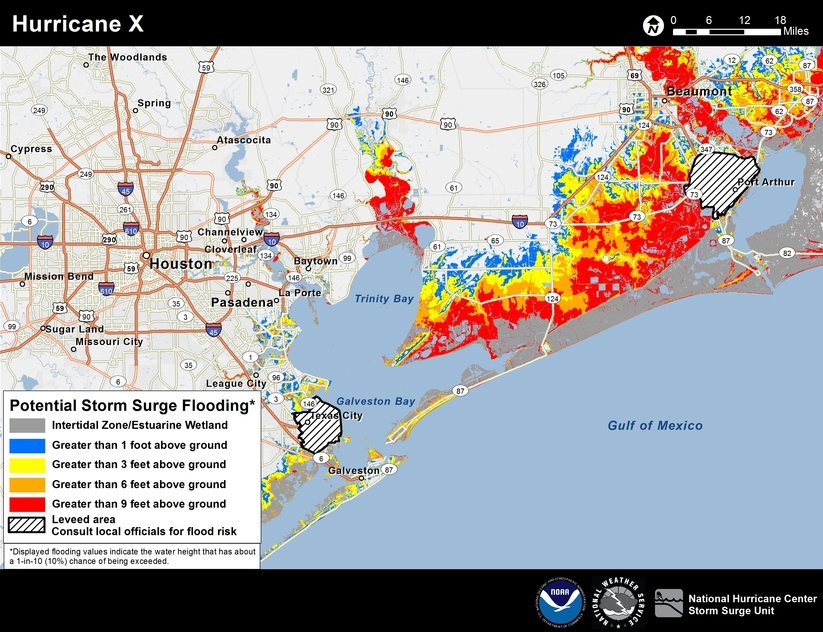 Potential storm surge in the Texas Gulf area