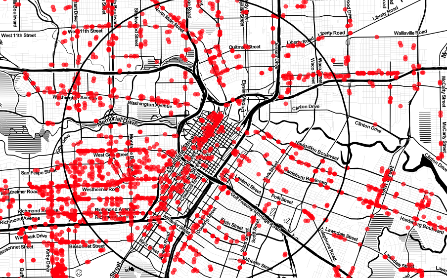 Red dots all over a Houston-area map