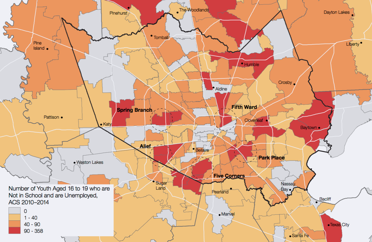 Map of Harris County showing the number of youth aged 16 to 19 who are not in school and are unemployed