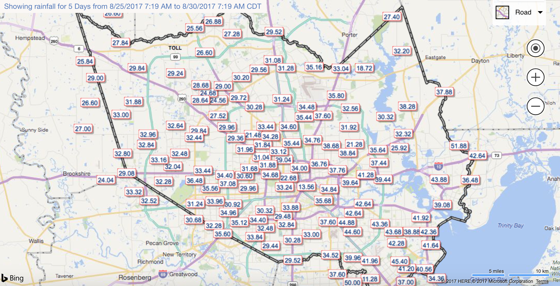 Rainfall totals for the Houston area during Hurricane Harvey