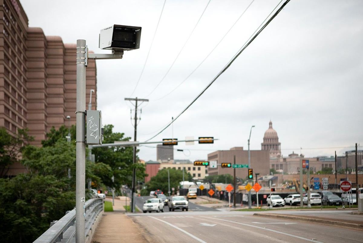 A red-light camera at the intersection of Interstate 35 and 11th Street near downtown Austin. 