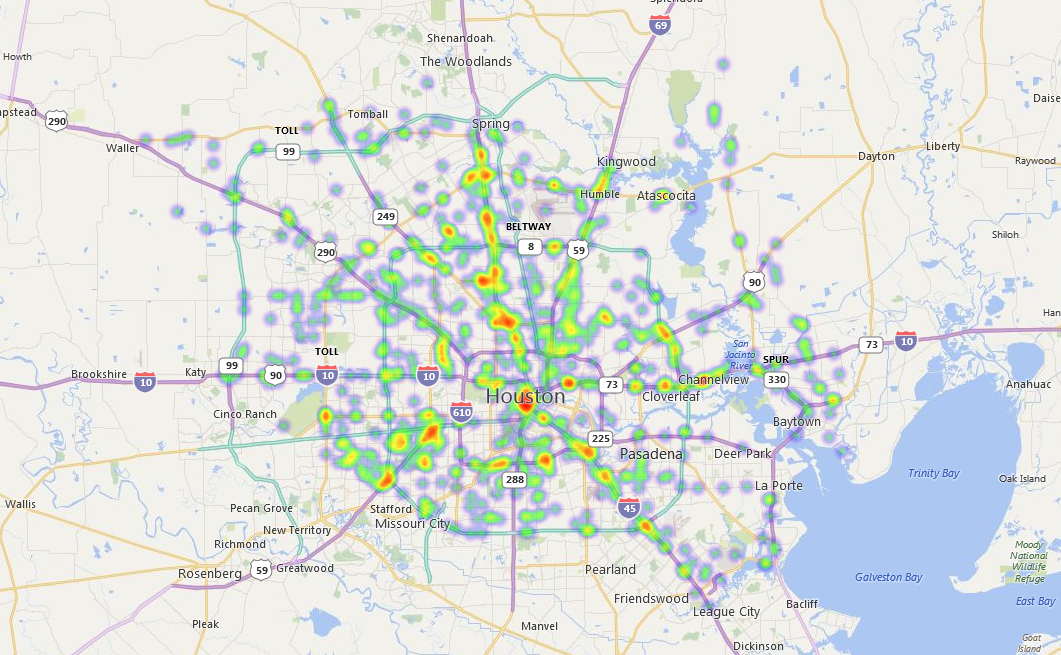 Map showing the transportation-related death rates in Harris County