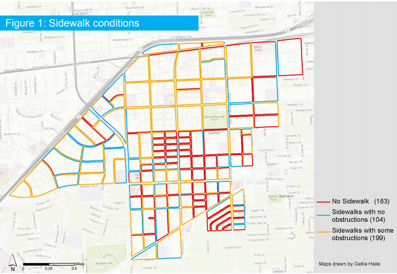 Map showing sidewalk conditions in the Gulfton area