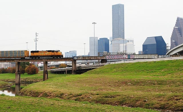 Union Pacific train traveling through Houston