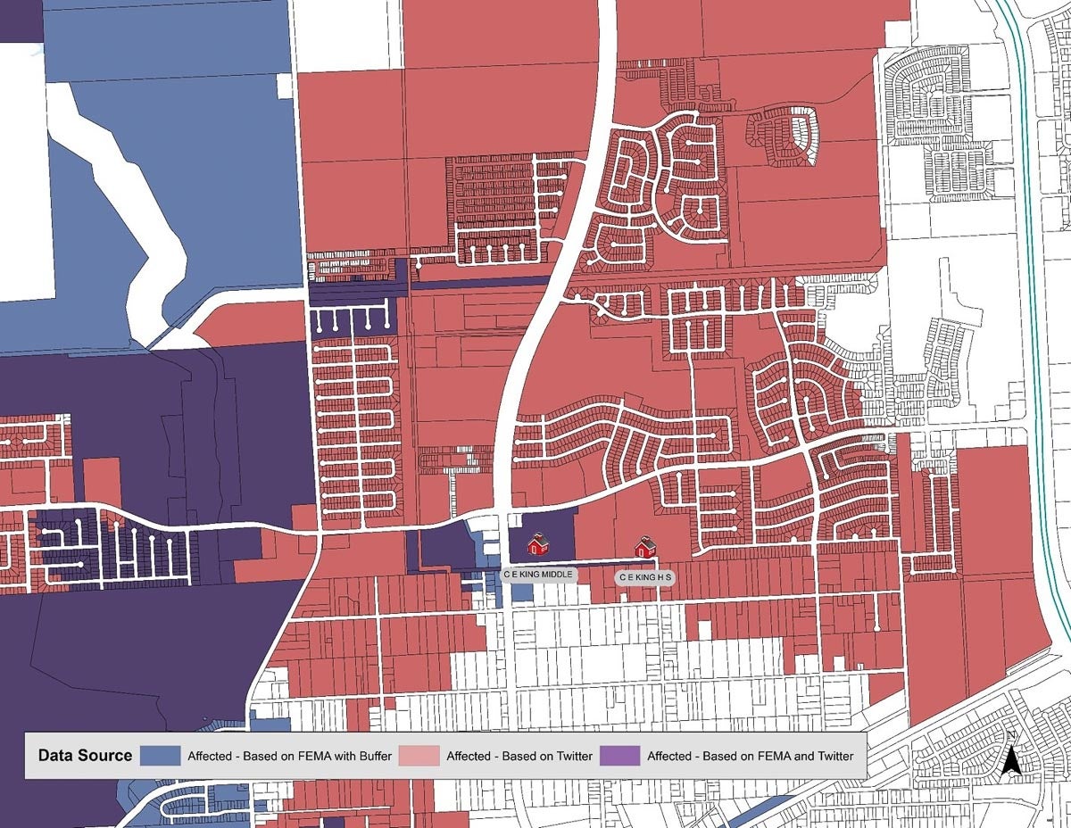 Traditional data sources show the area around Sheldon ISD's CE King High School show no damage or floodwaters from Hurricane Harvey.