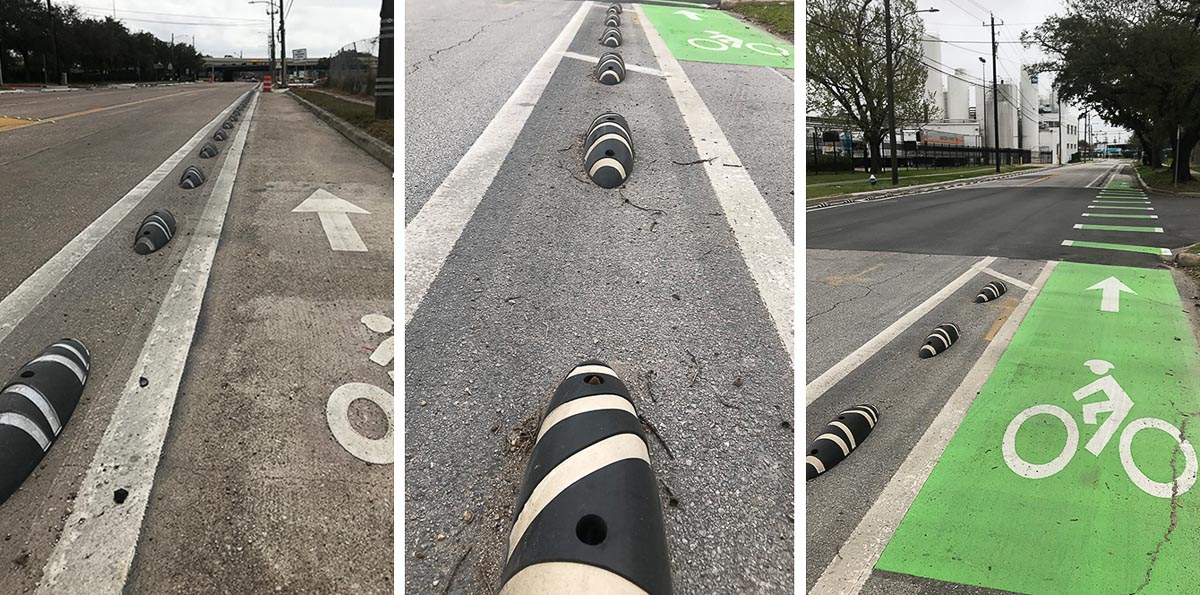 Armadillo dividers used on bikeways in Houston