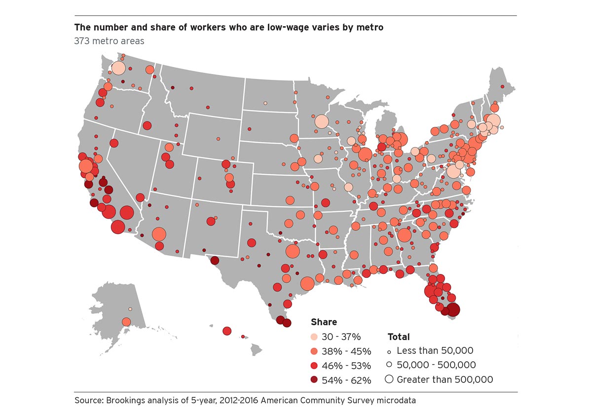 The number and share of low-wage workers by US metro