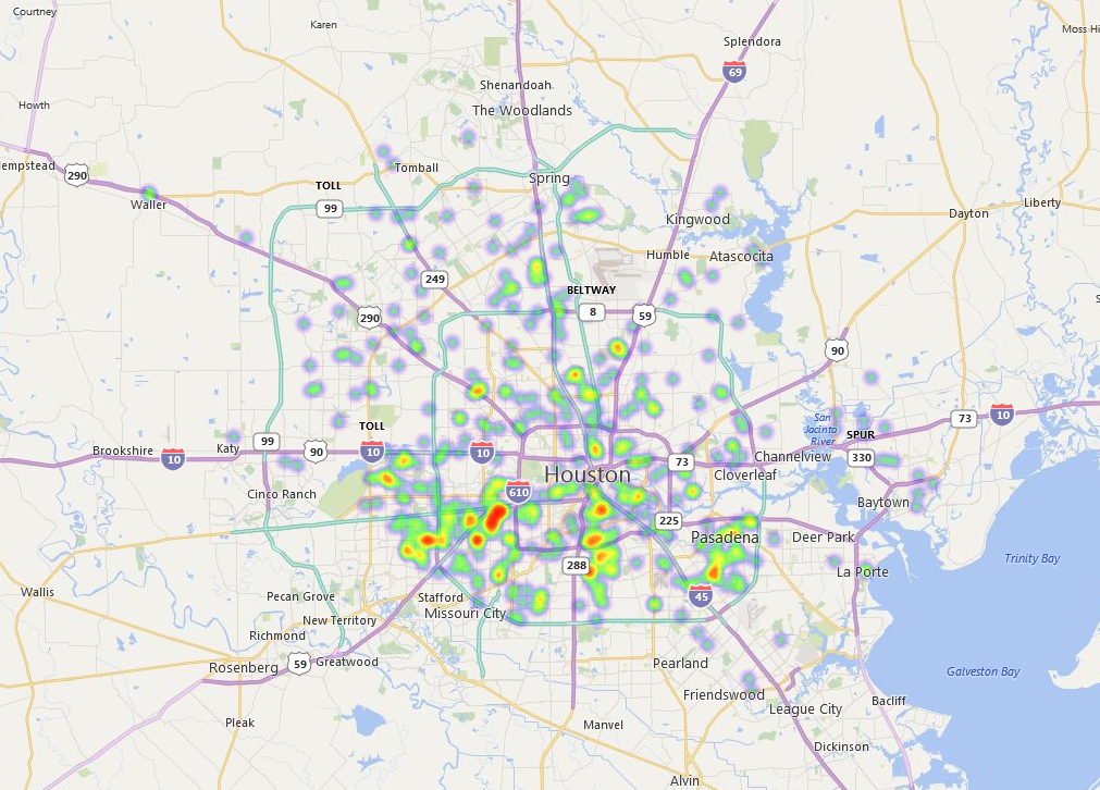 concentration of crashes involving pedestrians 18 years old and younger in Harris County from 2017-2019