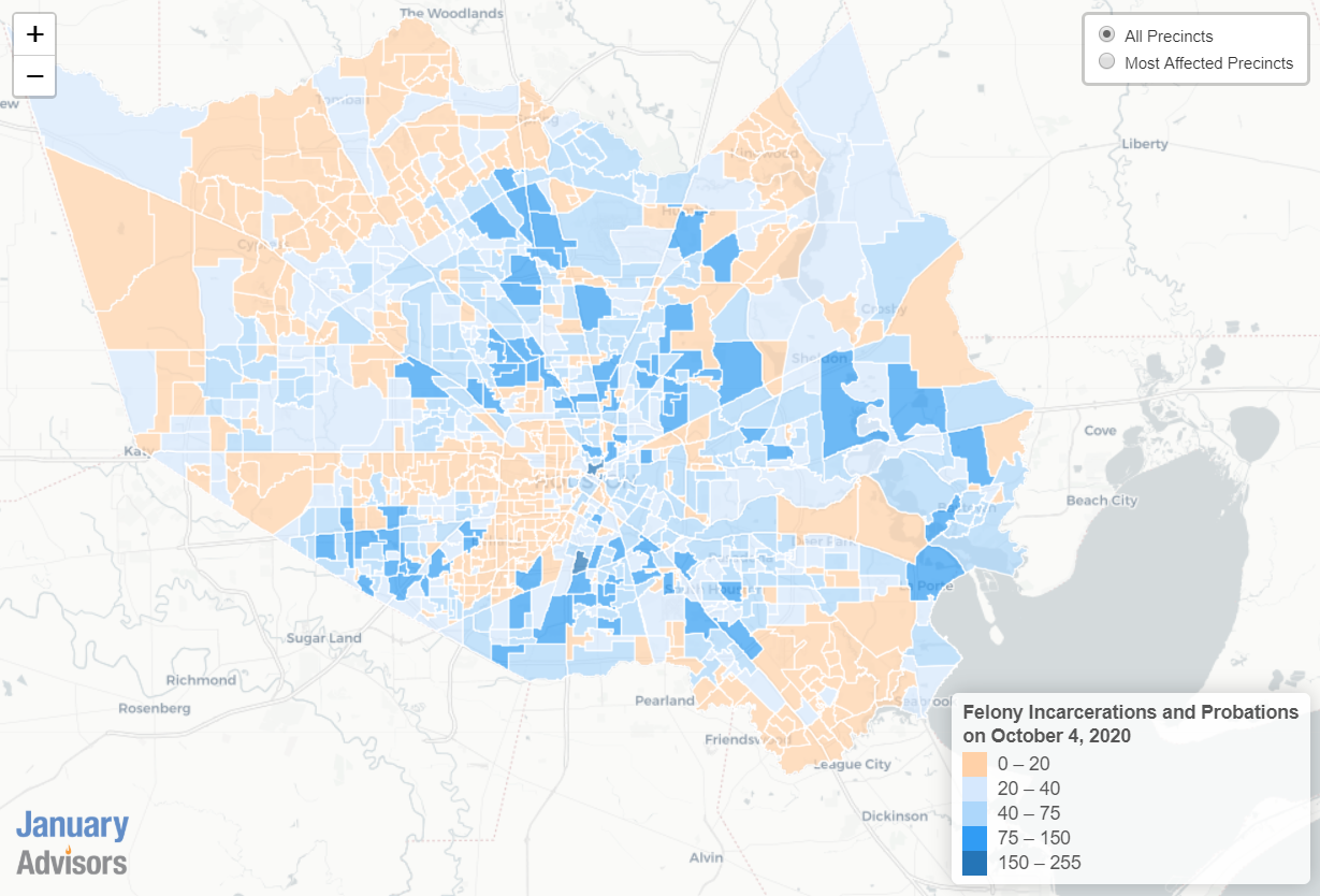 Map showing the felony incarcerations and probations in Harris County in 2020