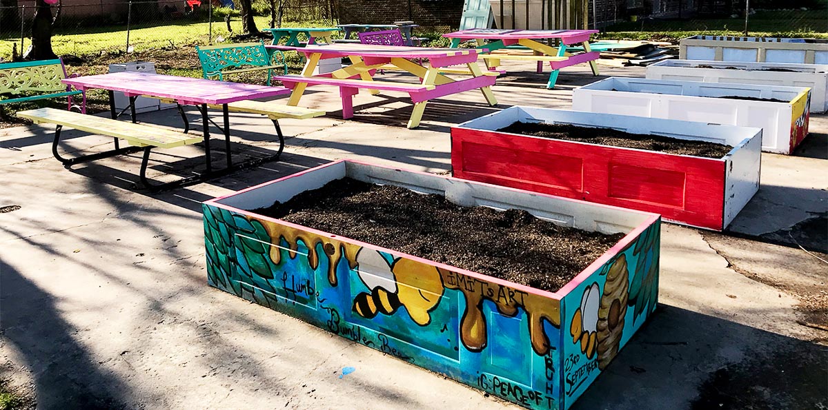 donated doors were turned into raised beds at the Third Ward Chess Park