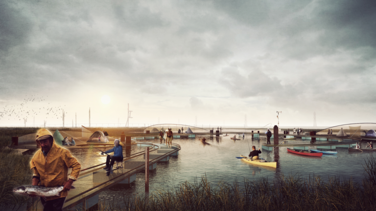 Proposed Cullinan fishing camp on floating pontoons as part of the Grand Bayway Proposal. Image Courtesy of Common Ground.