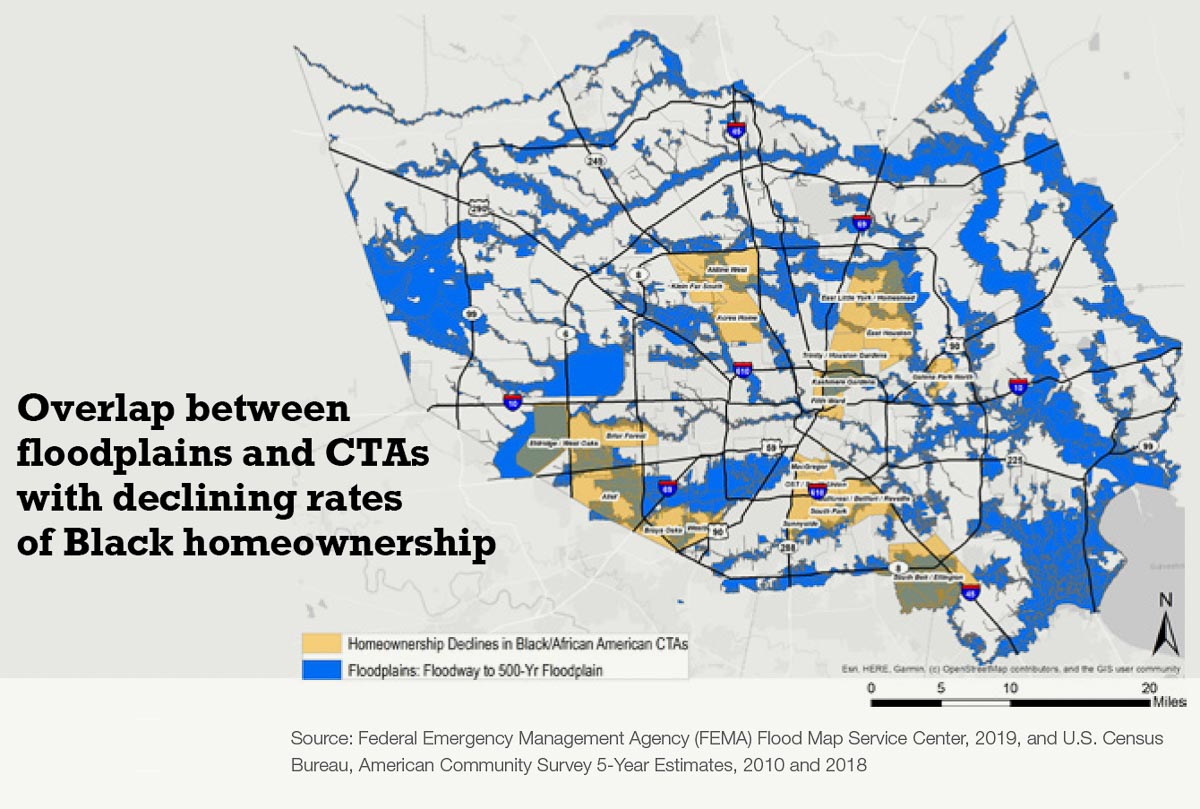 map showing Overlap between floodplains and CTAs with declining rates of black homeownership