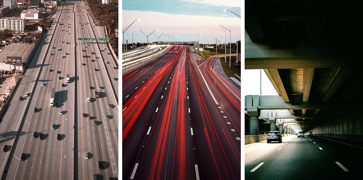 three photos showing freeways