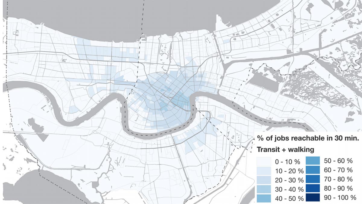New Orleans map showing reach of carless residents