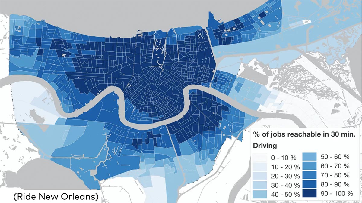 New Orleans map showing reach of residents who own cars