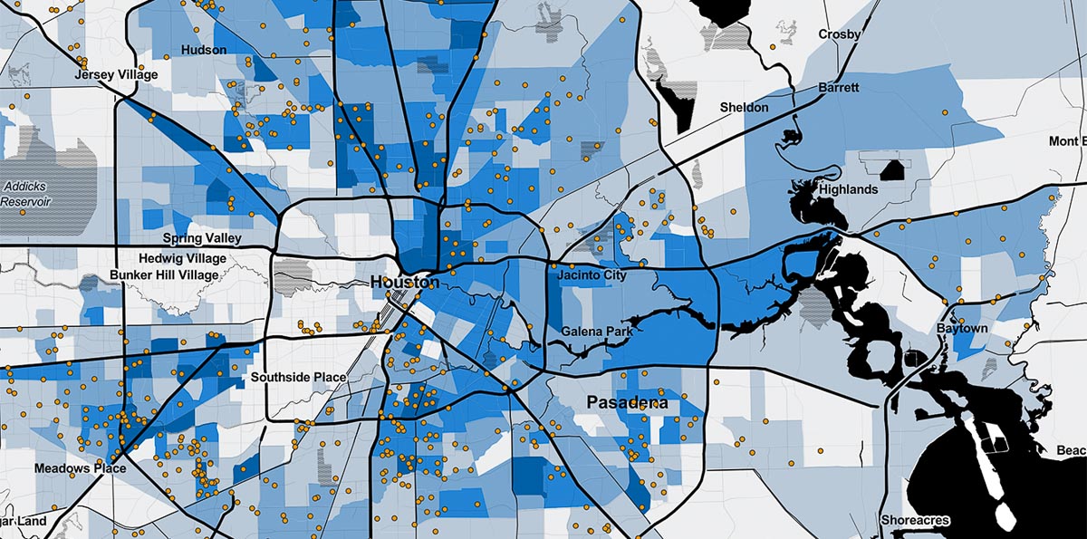 Map showing households using housing vouchers in the Houston area 