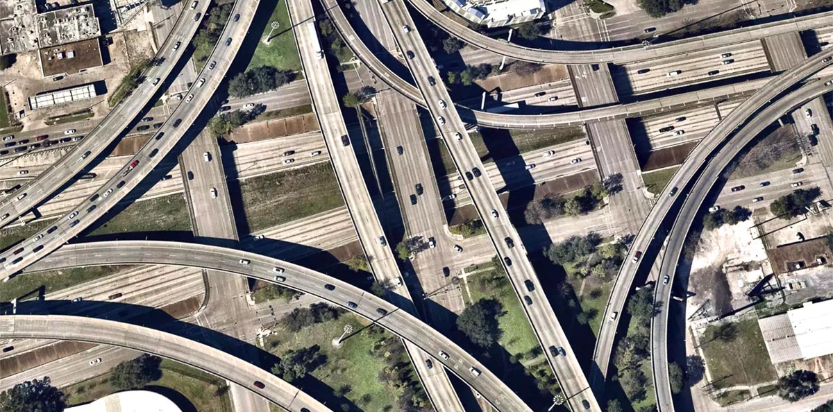 aerial photo of US 59, 45 and 288 near downtown Houston