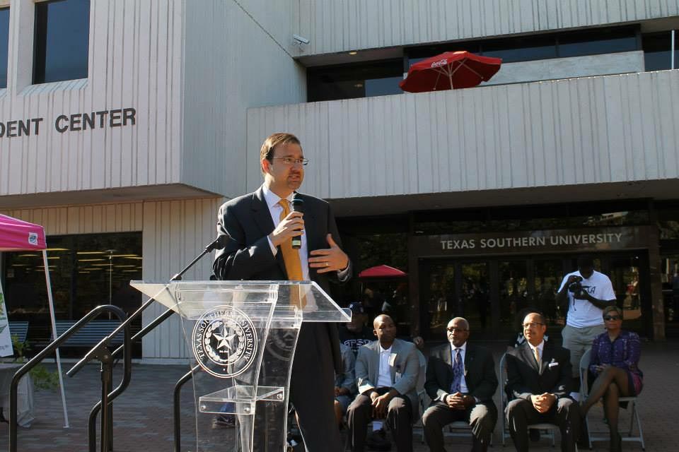 Houston Housing Authority President & CEO Tory Gunsolley speaks at Texas Southern University. Image courtesy HHA.