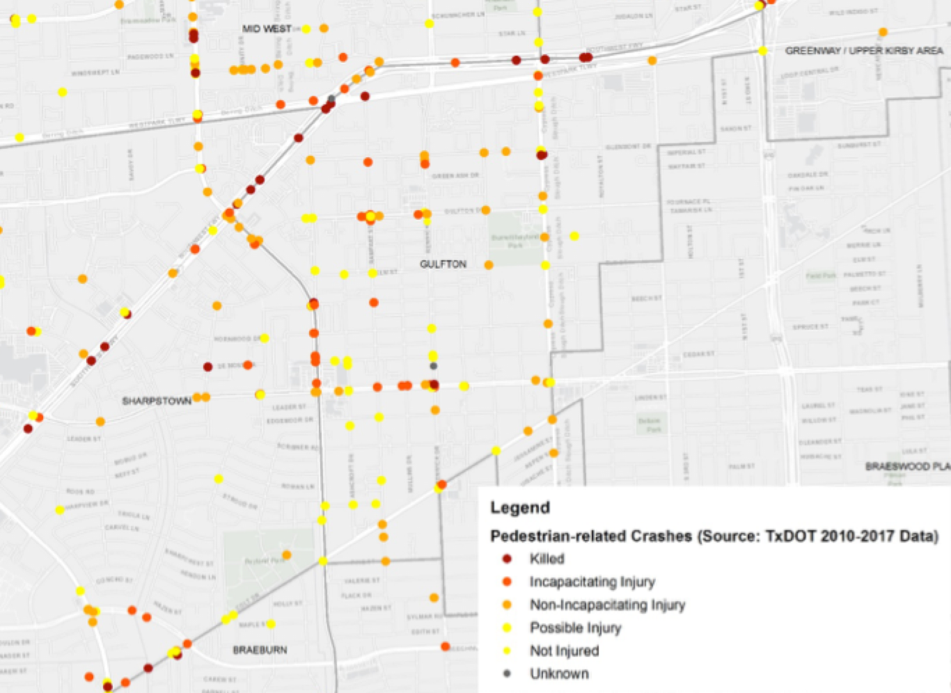 Pedestrian related crashes Gulfton area