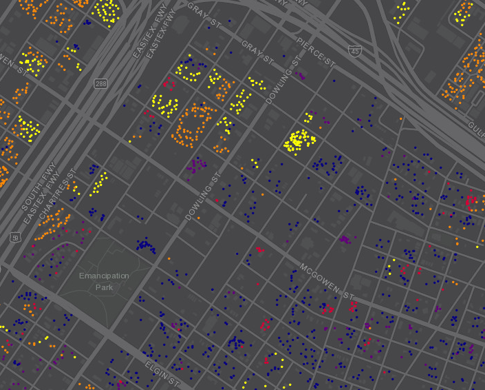 Map of buildings by year constructed around Emancipation Park