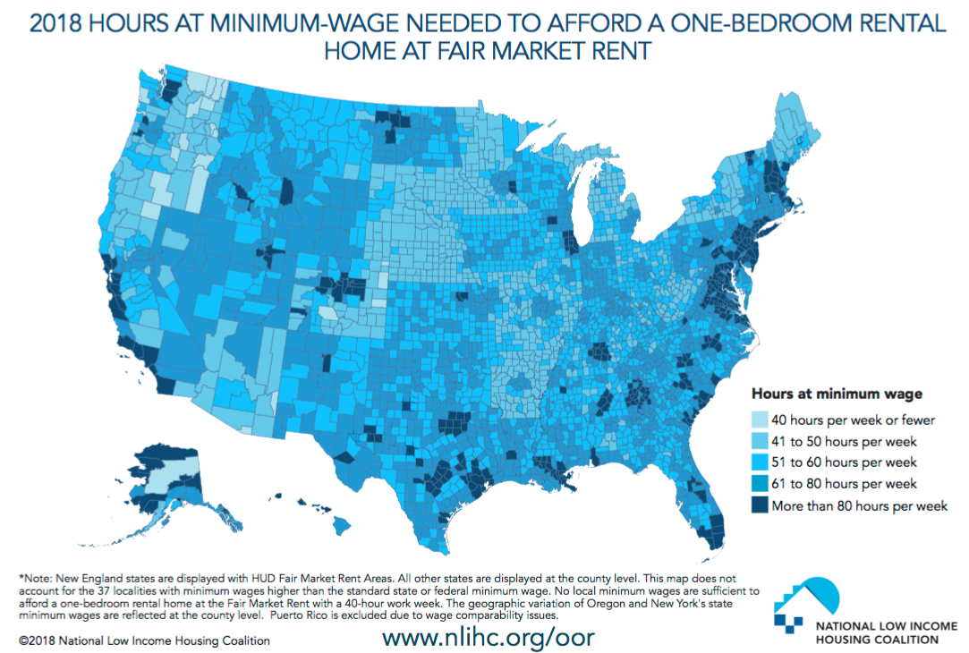 County map of hours needed to work at minimum wage to afford housing