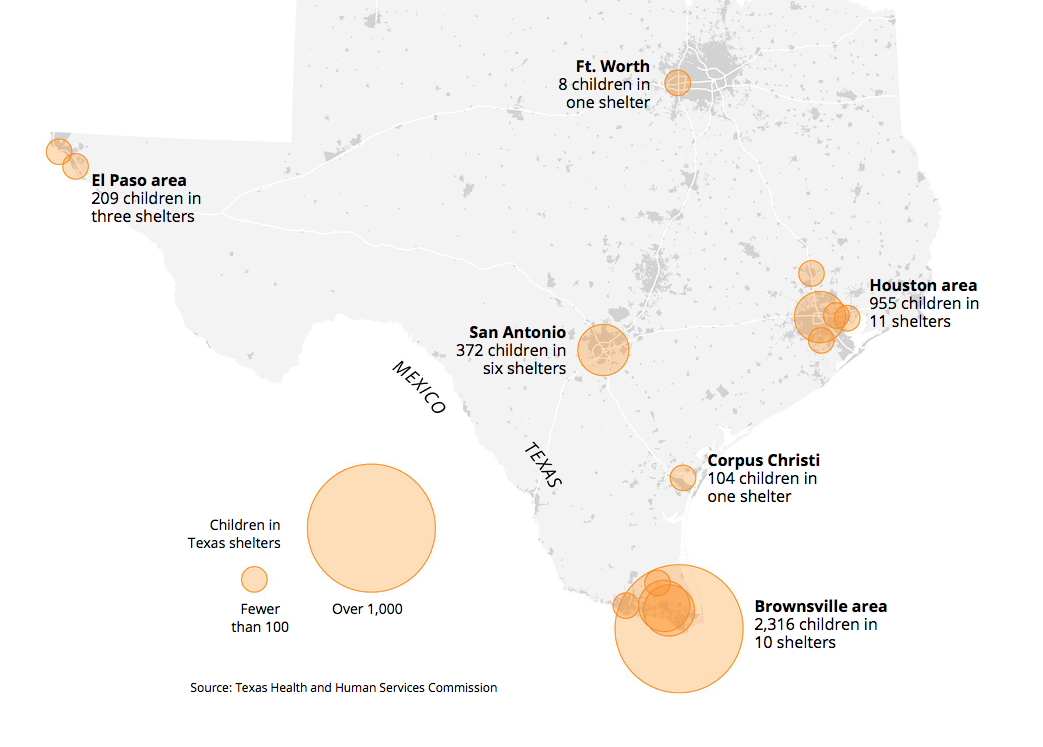 Map of child migrant detention shelters across Texas