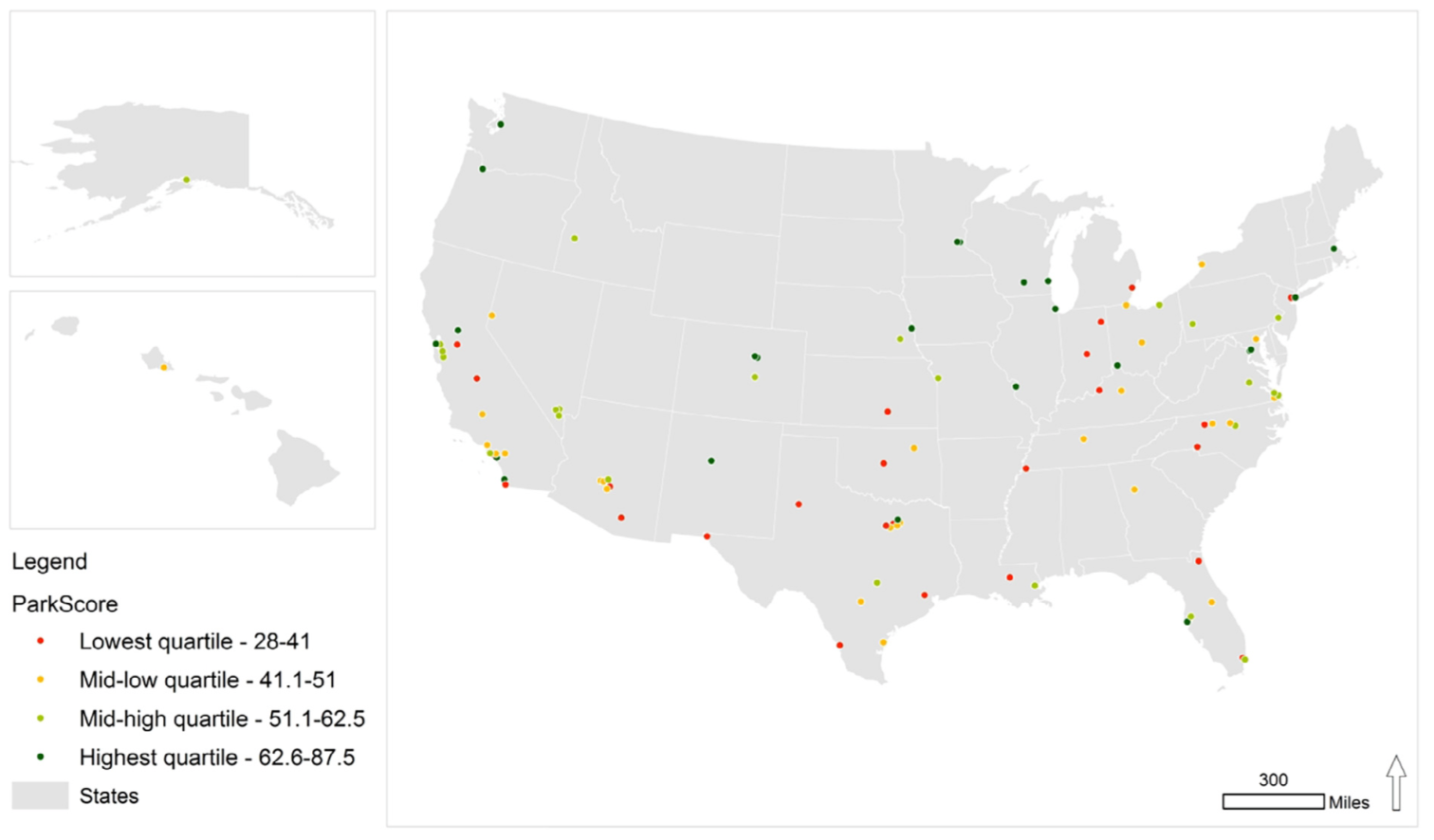 Map of City ParkScores by Quartile