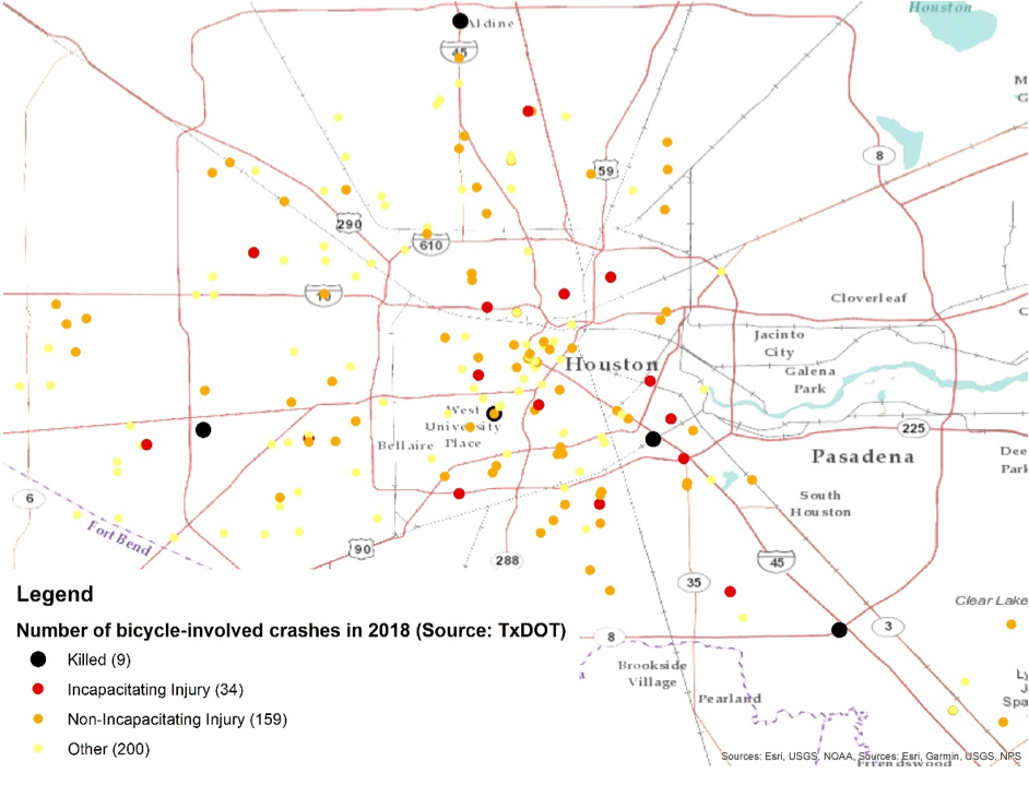 locations of crashes involving people riding bicycles in 2018