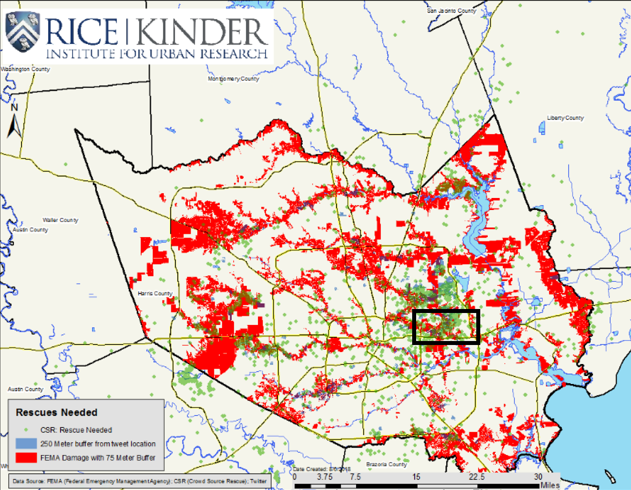 Map of FEMA estimates, CSR and Twitter