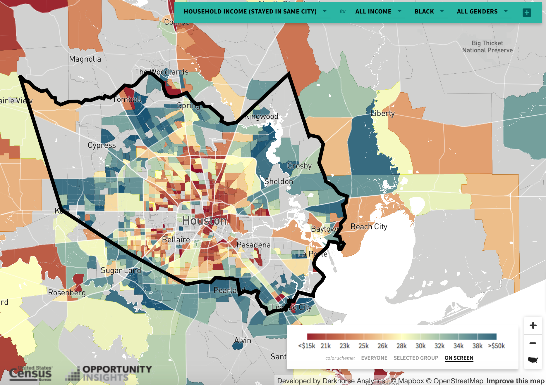 Map of average income by census tract for black children who stayed in the city