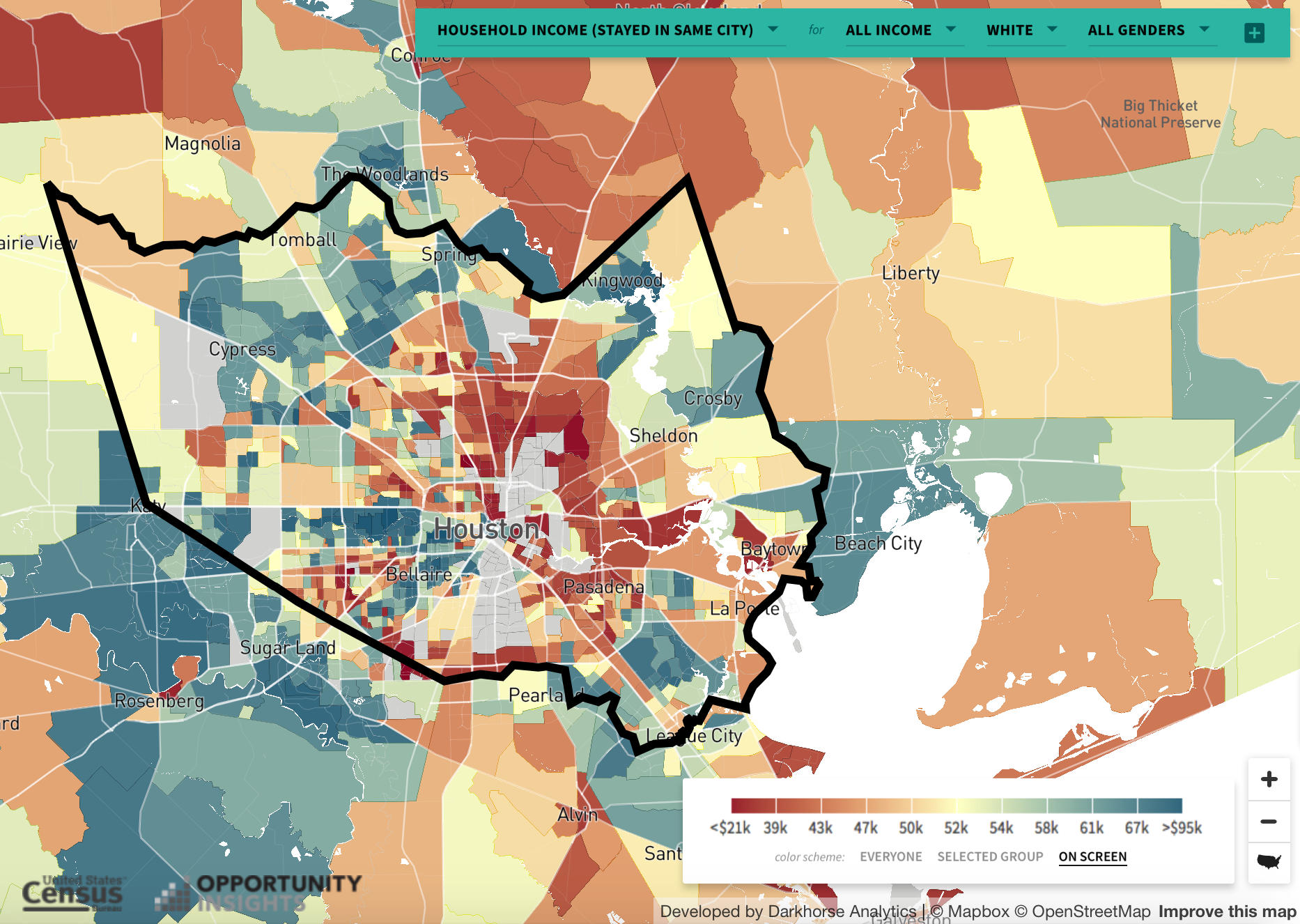 Average household income for white children who stayed in city