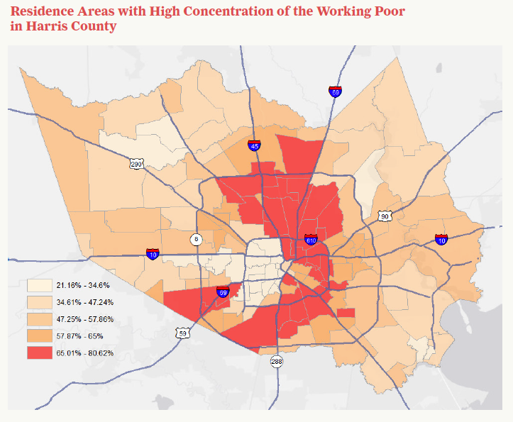 Map of working poor concentration by neighborhood in Harris County