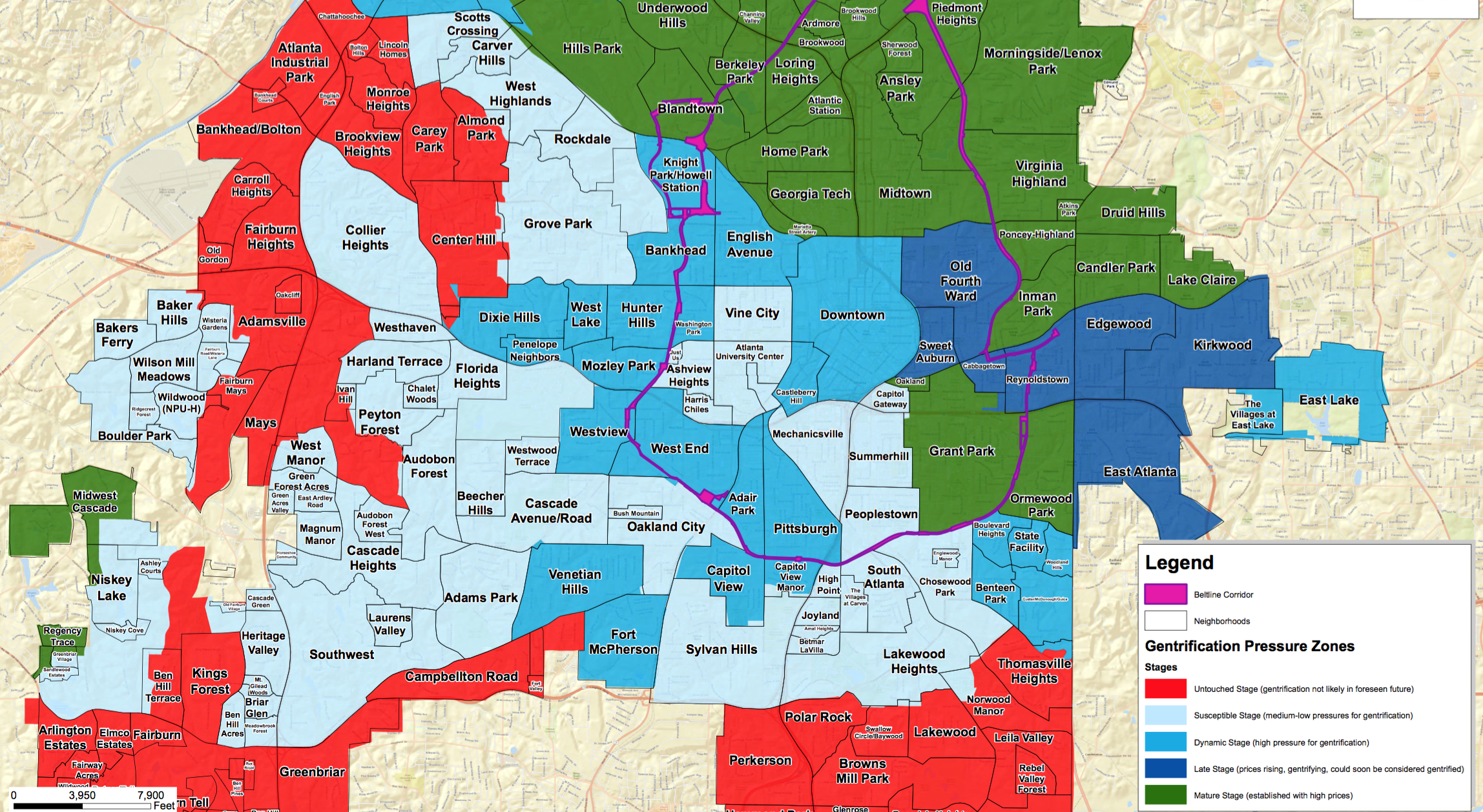 Map of gentrification pressure zones in Atlanta