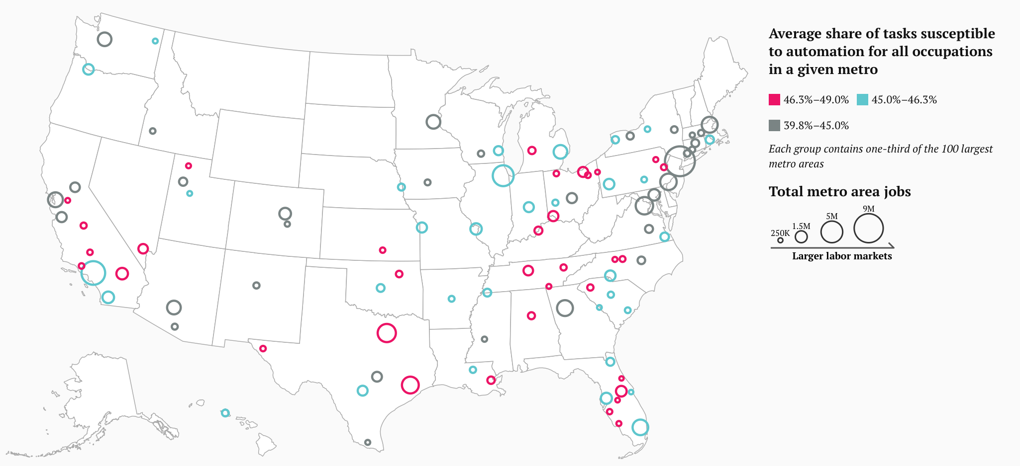 Map of share of tasks susceptible to automation for all occupations in a given metro