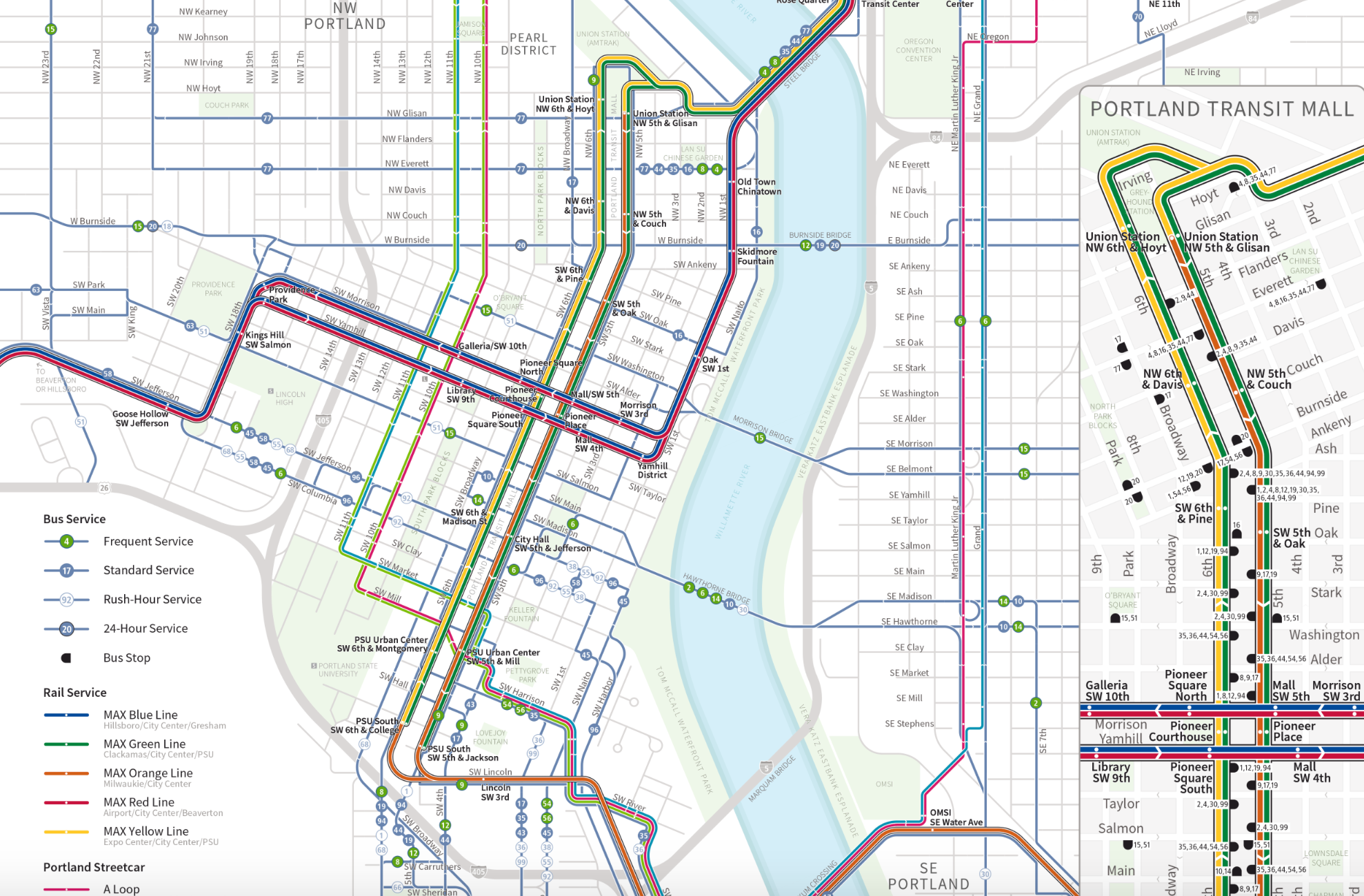 Detail of Portland City Center Transit Map