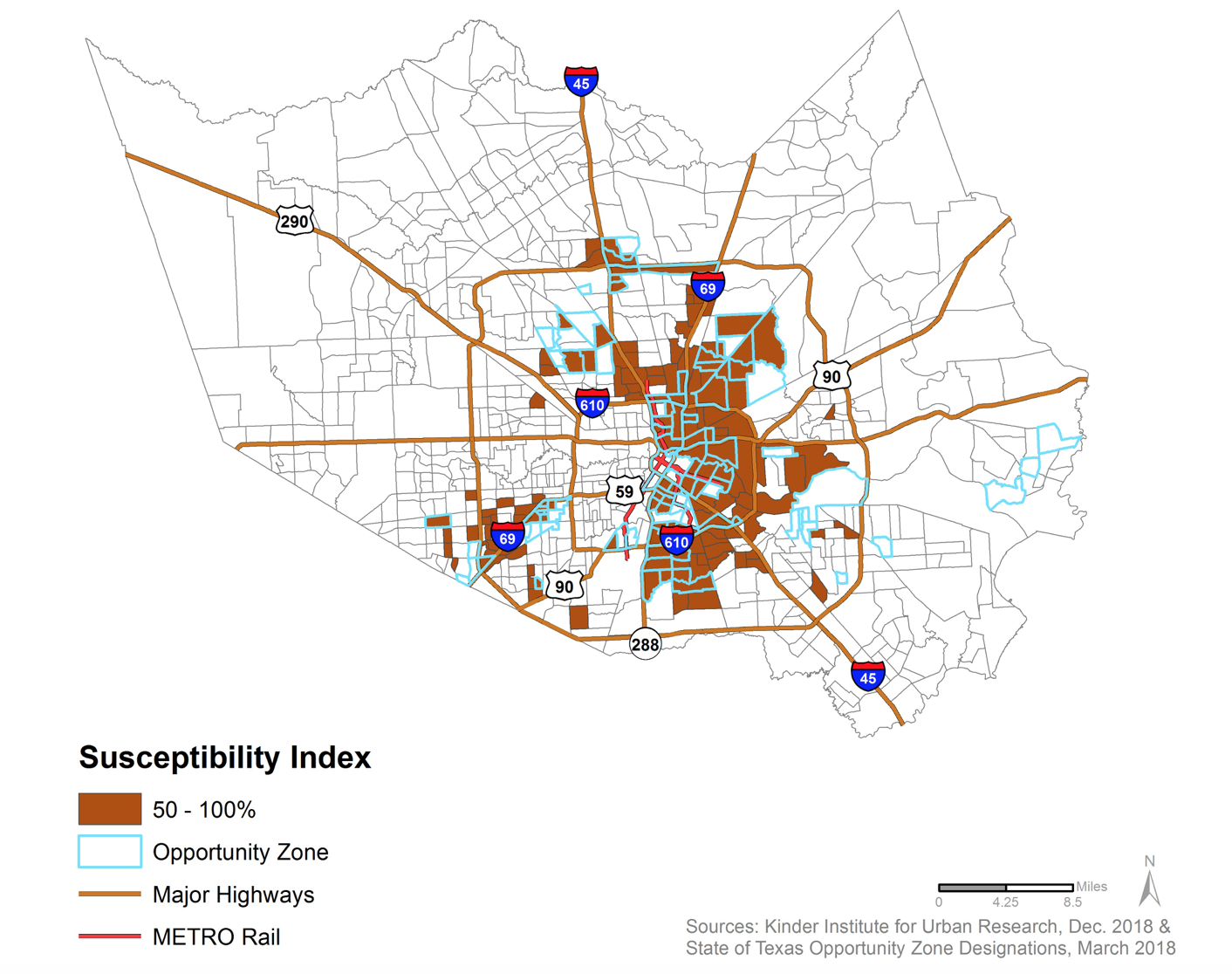 Map of areas at risk of gentrification and Opportunity Zones