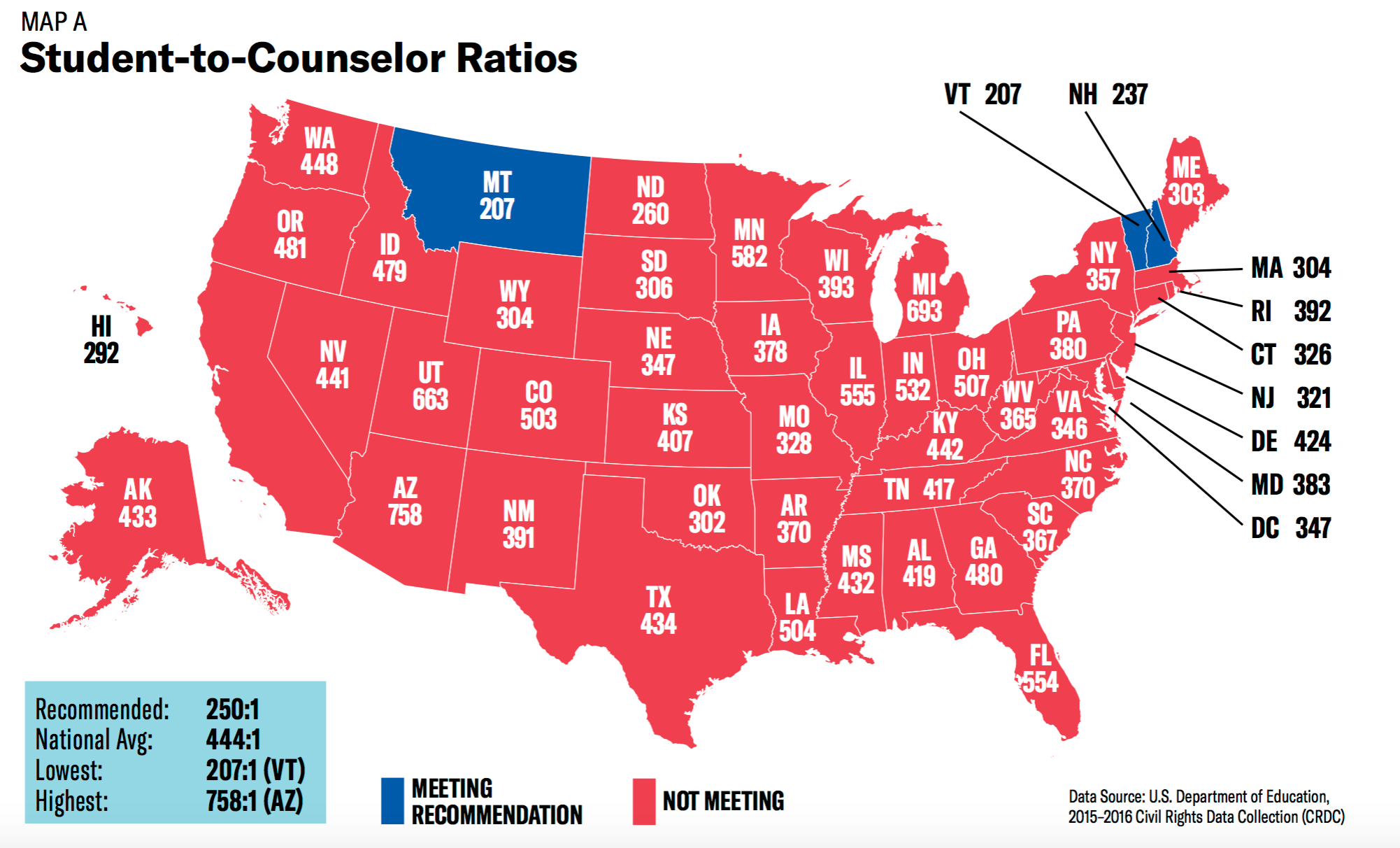 Student-to-counselor ratio map by state