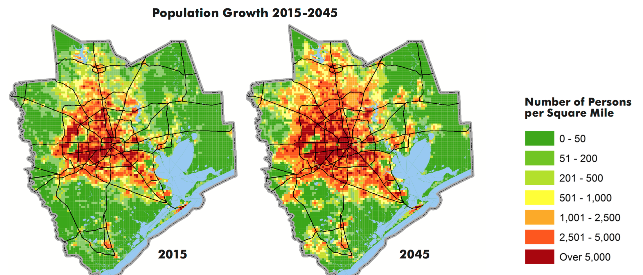 Houston population growth from 2015 to 2045