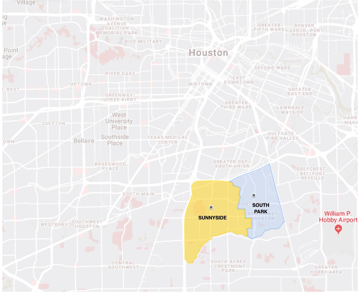 map of Houston showing Sunnyside and South Park 