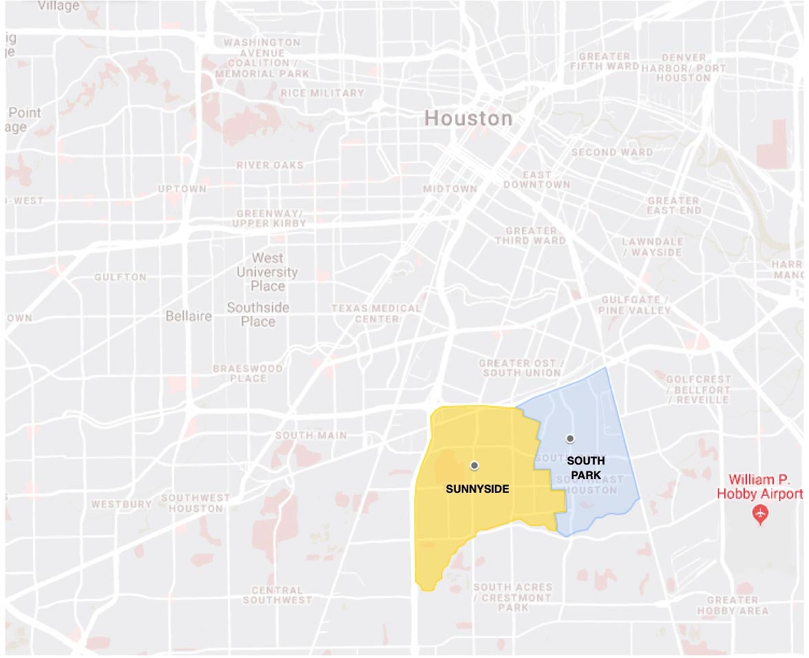 map of Houston showing Sunnyside and South Park 